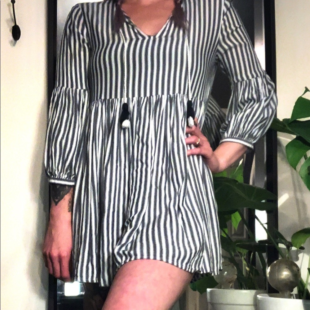 Blue and white pinstriped dress
